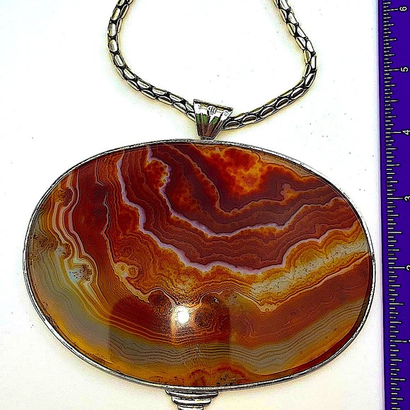 AGATE GEODE SLICE NECKLACE or SUN CATCHER STERLING SILVER CHAIN 4 3/4” x 4 1/2” - Picture 2 of 11